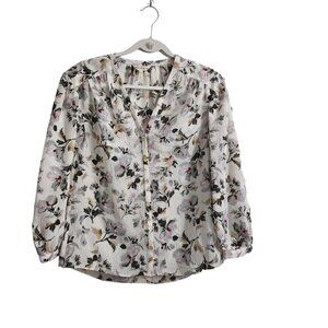 Rebecca Taylor Blouse Womens 2 White Sofia Silk Stretch Floral Button-Up Top
